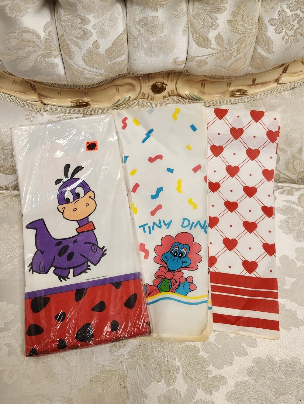 Lot Of 3 Vintage Party Table Covers Tiny Dinos Flintstones Hearts